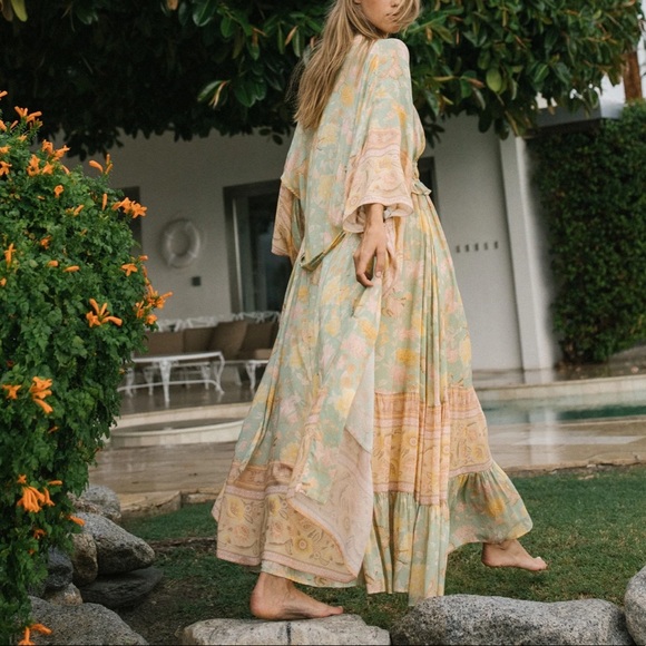 Butterfly Gardens Muted Greens Boho A Line Sleeveless Brunch Maxi Dress, Gown - Picture 5 of 16